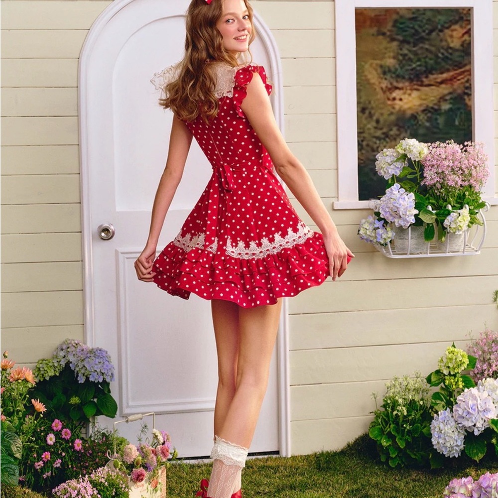 Lacemade Nini Fairy Tale House Red Polka Dot Dress with Lace Trim Size Small - Picture 2 of 7